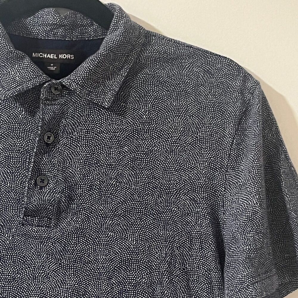 Michael Kors Mens Navy Blue White Wave Dot Print Cotton Polo Shirt Size‎ M Top